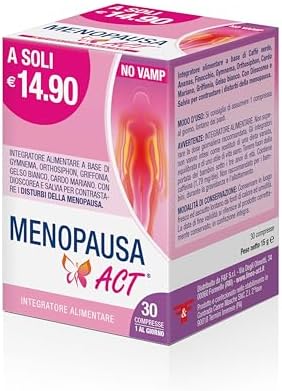 Menopausa Act, Integratore Alimentare per i Disturbi della Menopausa, con Caffè Verde, Ananas, Finocchio, Gymnema, Orthosiphon, Griffonia, Gelso Bianco, Cardo Mariano, Dioscorea, Salvia - 30 Compresse