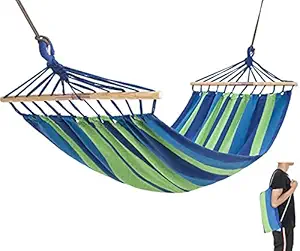 FEELING MALL Cotton Fabric Canvas Travel Hammocks with Tree Straps Camping Hammock Portable Beach Swing Bed with Hardwood Spreader Bar Tree Hanging Suspended Outdoor Indoor Bed(Blue)