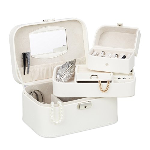Preisvergleich Produktbild Relaxdays Schmuckkästchen aus Kunstleder, Schmuckschatulle mit Schloss, entnehmbares Schmucketui, Ringe, Ketten, weiß Standard