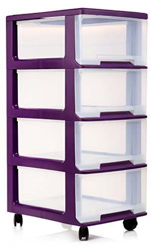 Bluespoon Rollwagen mit 4 Schüben | Gesamthöhe 58 cm | 4 Schubladen mit je 8 Liter | Schubladencontainer mit montierbaren Rollen | Endlos Stapelbarer Schubladenschrank mit Leichtlaufrollen lila - 4