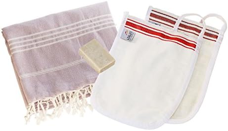 'Hamam Kese Exfoliating Glove, Mitt Set III: Sultan Peshtemal Pestemal Towel XL and 2 "Fine for Face &amp; Décolleté, Kese Premium Cover for the Body + Original Olive Soap