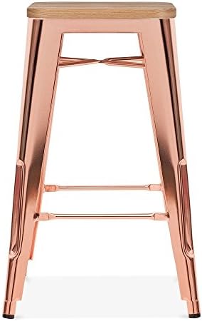 Xavier Pauchard Tolix Style Metal Bar Stool, Solid Elm Wood, Rose Gold 65cm 65cm Natural Wood