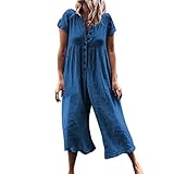 Luckhome Jumpsuit Damen Sommer Kurze Ärmel Elegant Playsuit Strand Overall Lang Romper Art Und Weise Beiläufige Taste Lose Feste Kurzarm-Overall-Lange Overalls Kurzer Mit Knopfleiste Für(XL)