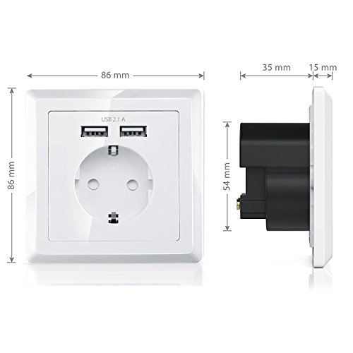Shoot USB Presa Schuko con 2Â X USB 230Â V 220Â V Bianco, il carico di tutti i dispositivi iPod iPhone iPad Smartphone MP3Â passent in Standart unterputz Incasso