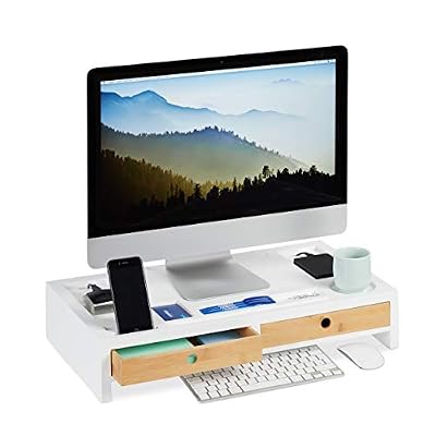 Relaxdays Support Moniteur, rehausseur d'écran XL en Bambou et MDF, 2 tiroirs, Organiseur, HBT 11x58.5x32,5 cm, Blanc, 11 x 58,5 x 32,5 cm