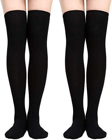 2 Pairs Over Knee High Socks Thigh High Stockings Long Winter Crochet Socks (Black)