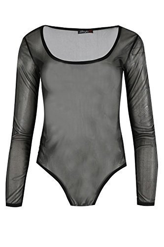 Preisvergleich Produktbild Star Fashion Damen Einfarbig Netz Details Durchsichtig Langärmlig Rundhals Stretchtop Turnzug Bodysuit UK Größen 8-14 - Damen, Schwarz, 36 / 38