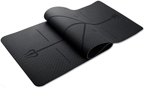 Puluo Pilates Mat Tear Resistant SGS Certified TPE Yoga Mat with Carry Strap Non Slip Exercise Mat with Body Alignment System 6mm Thick Gym Mat 183cm*61cm (72"*24") Black