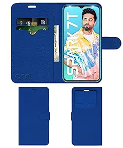 Acm Leather Window Flip Wallet Front & Back Case Compatible with Tecno Spark 7t Mobile Cover Blue