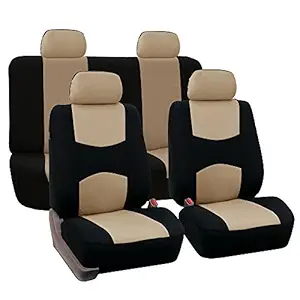 FH GROUP FH-FB050114 Universal Fit Full Set Flat Cloth Fabric Car Seat Cover Fit Most Car, Truck, SUV or Van (Beige/Black)