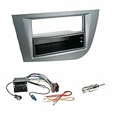  Einbauset: Autoradio Doppel 2-DIN Blende Einbaurahmen Radioblende + Fach grau anthrazit + Quadlock ISO Radio Adapter Adapterkabel mit Fakra + Antennenadapter für Seat Leon (1P/1PN) 09/2005-2010