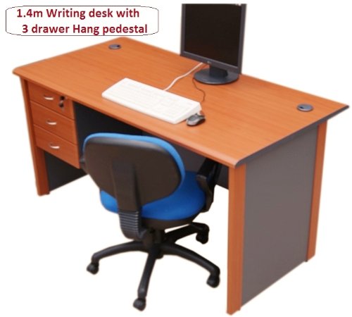 1.4 meter - Office Computer desk with 3 drawer Hang pedestal (Cherry with dark grey) Free delivery to England & Wales