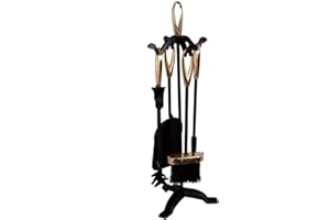 OPTIPRODUCTS 5 Pieces Companion 24" Set Fireside Fire Tools Fireplace & Accessories Black and Brass Stand Tongs Shovel Brush Chimney Poker (Black&Brass)