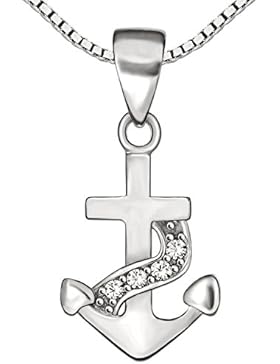 CLEVER SCHMUCK-SET Silberner kleiner Anhänger Anker 14 mm Seil verziert mit 4 Zirkonias glänzend und Kette Venezia...