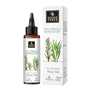 Good Vibes Tea Tree & Rosemary Anti Dandruff Hair Oil, 100 ml Moisturizes Hair, Hydrates Nourishes Soothes Scalp | For Rough & Dry Scalp & Hair | No Parabens, No Sulphates, No Mineral Oil