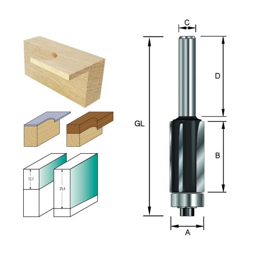ENT Bündigfräser HW (HM), Schaft (C) 8 mm, Durchmesser (A) 12,7 mm, B 25,4 mm, Z3, D 32 mm, GL 68 mm, mit Kugellager
