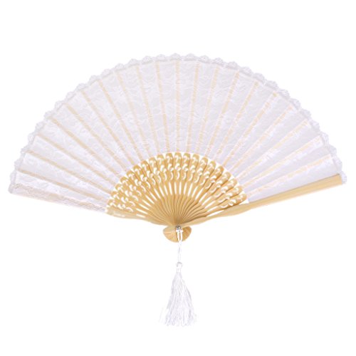 MagiDeal Retro Spitzen Faltfächer Fächer Handfächer Weiß+Chinesische Seide Schutzbeutel Tasche Rosa - 9