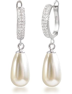 Schöner-SD, Perlenohrringe Ohrhänger mit großen Perlen, 925 Silber Rhodium mit glitzernden Zirkonia