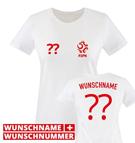 TRIKOT – PO – WUNSCHDRUCK – Damen T-Shirt – Weiss / Rot-Gold Gr. S
