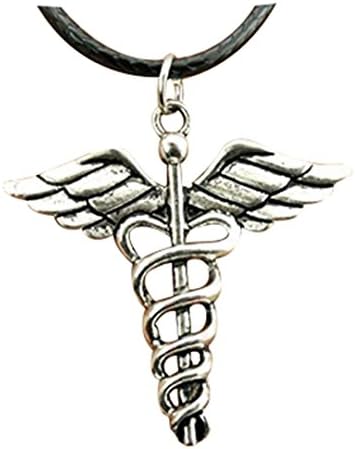 fashion antique silver color 40*40mm Caduceus Medical cane pendant leather necklace