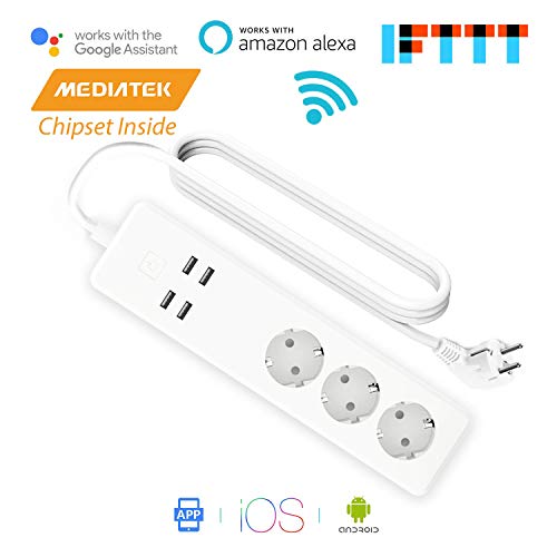 Enchufe Múltiple Inteligente Regleta Wi-Fi 3 Tomas UE y 4 Puertos USB Interruptor Individual On-Off con Protección de Sobrecarga Wi-Fi...