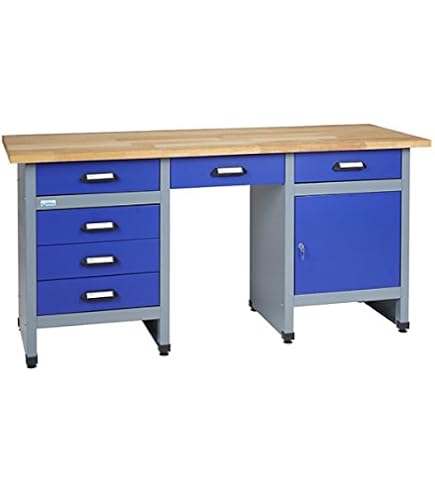 Steinbock Werkbank Mit Schublade – 300 Kg Tragkraft, 120x60 Cm Buchenholzplatte – Lichtblau, Made In EU