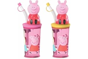 RELKON Trinkbecher mit Strohhalm und Geleebonbons im Peppa Pig Style, Becher aus Kunststoff bpafrei, Deckel gelb oder pink, für ca. 200 ml Flüssigkeit