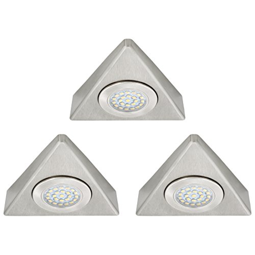 3 Stück LED Unterbauleuchten für Küche & Vitrinen aus gebürstetem Stahl - Anbau Möbelleuchte LED 230V 1,5W warmweiß Dreieck 3 Stück LED Unterbauleuchten für Küche & Vitrinen aus gebürstetem Stahl - Anbau Möbelleuchte LED 230V 1,5W warmweiß Dreieck