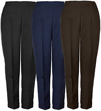 ClothingLogic Ladies Plain Trousers Bi Stretch Pants Smart Executive Look Casual Work Short (25") &amp; Regular (27") Black Navy Brown UK 10-22 (Regular - 22, Black)