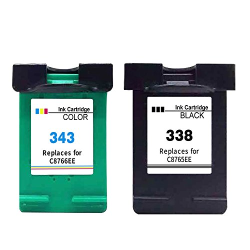 Ksera Reconditionné HP 338 343 Cartouche d'encre HP 338 Noir HP343 Couleur Imprimante Cartouche, Paquet de 2(1 Noir+1 Tricolore) C8765E / C8766E pour HP DeskJet6540/6620/6840/9800 HP PhotoSmart 2575