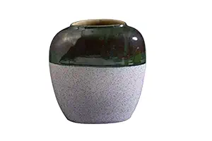Caffeine Ceramic Handmade White Matte and Green Oval Shape vase (Set of 1)