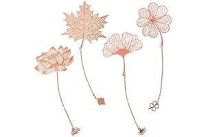 CRITIVE-SHOP Signets en métal - Lot de 4 - Signets pour femmes - Marque-page ajouré avec chaîne, trèfle à quatre feuilles, feuille d'almon, feuille d'érable, fleur de lotus pour lecteurs, enseignants et étudiants