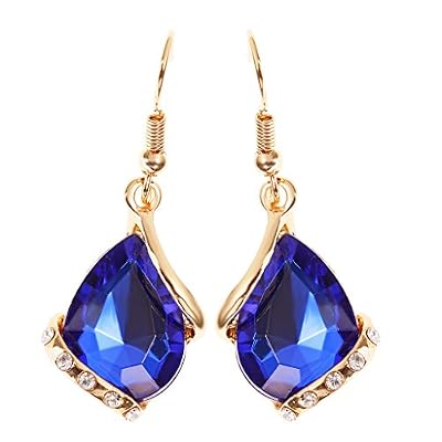 Generic Parure Boucles D'oreilles Collier Pendentif Goutte d'Eau Strass Ensemble de Bijoux - Bleu Royal