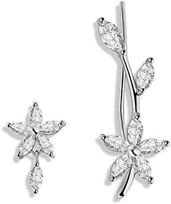 EAR VINES Cubic Zirconia Flower Branch Ear Cuff Pins Crawlers Stud Earrings (Silver)