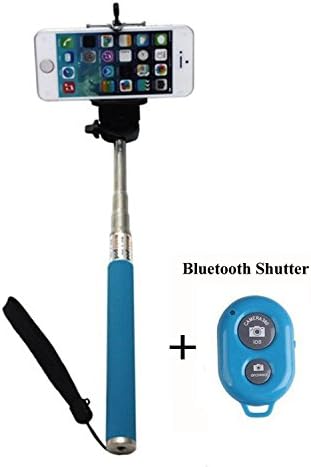 Extendable Self Portrait Selfie Handheld Stick Monopod with Smartphone Adjustable Phone Holder and Bluetooth Remote Wireless Shutter for iPhone Samsung and other IOS and Android Smartphone (Blue)