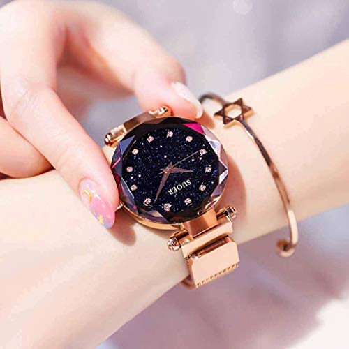 Reloj para Mujer Reloj De Metal A Prueba De Agua Premium Reloj con Esfera De Diamantes Starry Sky Girl Watch,Gold