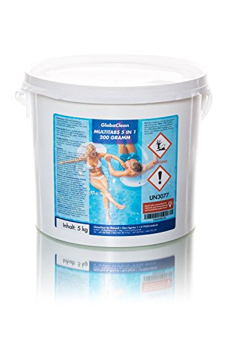 GlobaClean® 5in1 Chlor-Multitabs 5 Kg, 200g Tabs, Flockung & pH Stabilisierung, Dauerdesinfektion, Algenverhütung mit Klareffekt, Komplettpflegemittel ohne Lösungsrückstände Ohne Borsäure Chlorgehalt 85%