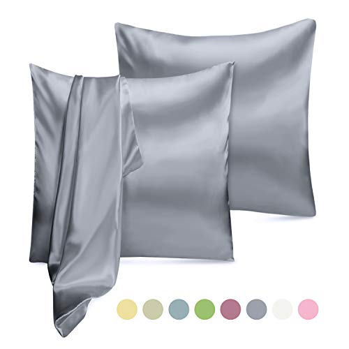Aiemok Fundas de Almohada Satén Sedoso estándar para 2 Piezas,100% Funda de Almohada de Microfibra con Cierre de sobre, Muy Liso Suave, Belleza Facial, Cuidado de la Cabello(Gris Plateado, 80 * 80CM)