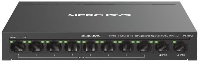Mercusys MS110CP | 10 Port PoE+ Switch | 8 Port PoE Kamera Switch | 2 Gigabit Uplink | 65W | 250m Extend | VLAN | Network Switch | Güvenlik Sistemi Uyumlu