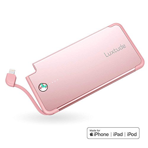 Luxtude Ultra Mince l  g  re Batterie Externe de Secours 5000mAh Lightning C  ble Int  gr   Charge Rapide en Alliage d Aluminium Power Bank iphone 5 6 7 8 6S Plus X iOS  Or Rose 