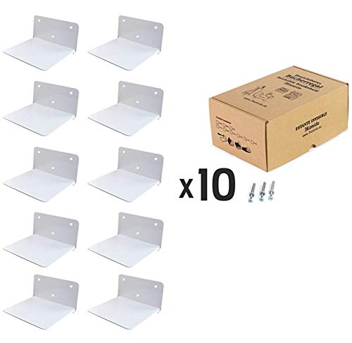 3Kamido® métal Étagère Invisible Murale L'étagère, Entièrement Invisibles Une Fois chargées de Livres, Etagères Invisibles, Professionnel et Solide, Couleurs: Noir, Blanc, Gris (10 - Pack, Blanc)