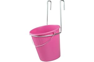 DOBLIT 5L Double Bucket Holder Feeder Hanger Trough Water Equine Livestock Sheep Calves Galvanised Frame Hoof Proof Buckets Tubs (Single (Pink))