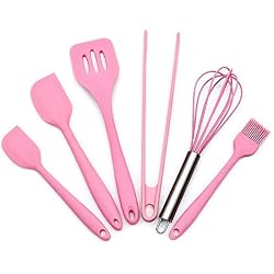 Feleph Ensemble D'ustensiles de Cuisine en Silicone Ensemble de Cuisson en Silicone, 6 Pièces - Pince, Fouet, 2 Tailles Spatule à Pâtisserie, Brosse, Spatule(Rose)