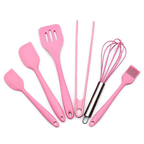 Feleph Ensemble D'ustensiles de Cuisine en Silicone Ensemble de Cuisson en Silicone, 6 Pièces - Pince, Fouet, 2 Tailles Spatule à Pâtisserie, Brosse, Spatule(Rose)