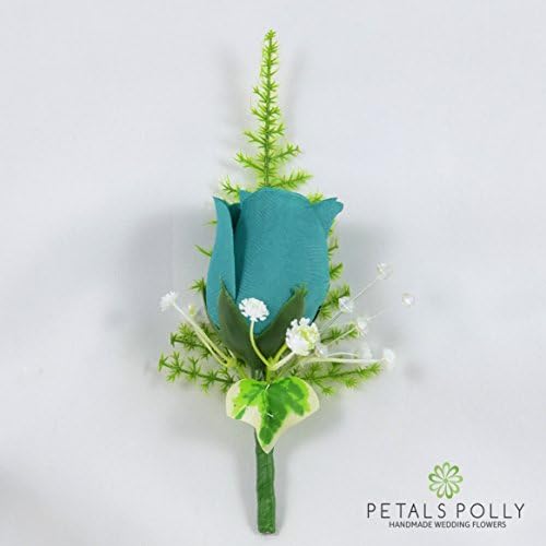 Artificial Wedding Flowers Hand-made by Petals Polly, SILK ROSE BUTTONHOLE IN TEAL WITH CRYSTAL, IVY &amp; GREENERY