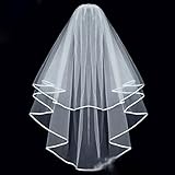 HuntGold 2 Layer Ribbon Edge Cathedral Elbow Bride Wedding Veil With Comb(white)