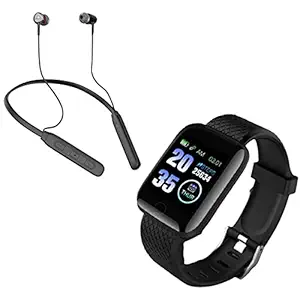 Rhobos Combo Pack of 2 Items - Bluetooth D116 SmartWatch with Heart Rate Monitor, Neckband Bluetooth Wireless Headphones (1 Year Warranty)