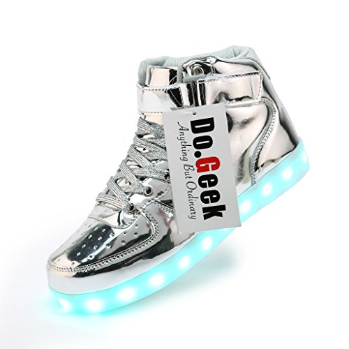 DoGeek Men Trainers LED Light Up Shoes Women Unisex Gold and Silver High Top Light Up Trainers Adult (Choose One Size Up)