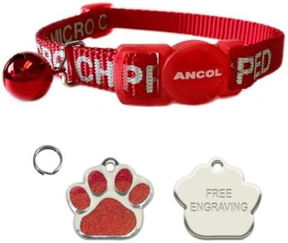 Ancol I Am Microchipped Cat Collar with Safety Buckle, Red, and FREE Engraved Paw Print Shaped Pet Tag