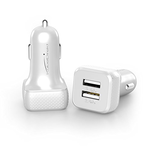 KabelDirekt intelligentes Dual USB KFZ Ladegerät (Car Charger) 4.8 A (2x 2.4 A) für 12-18 Volt KFZ Steckdosen weiß – TOP Series